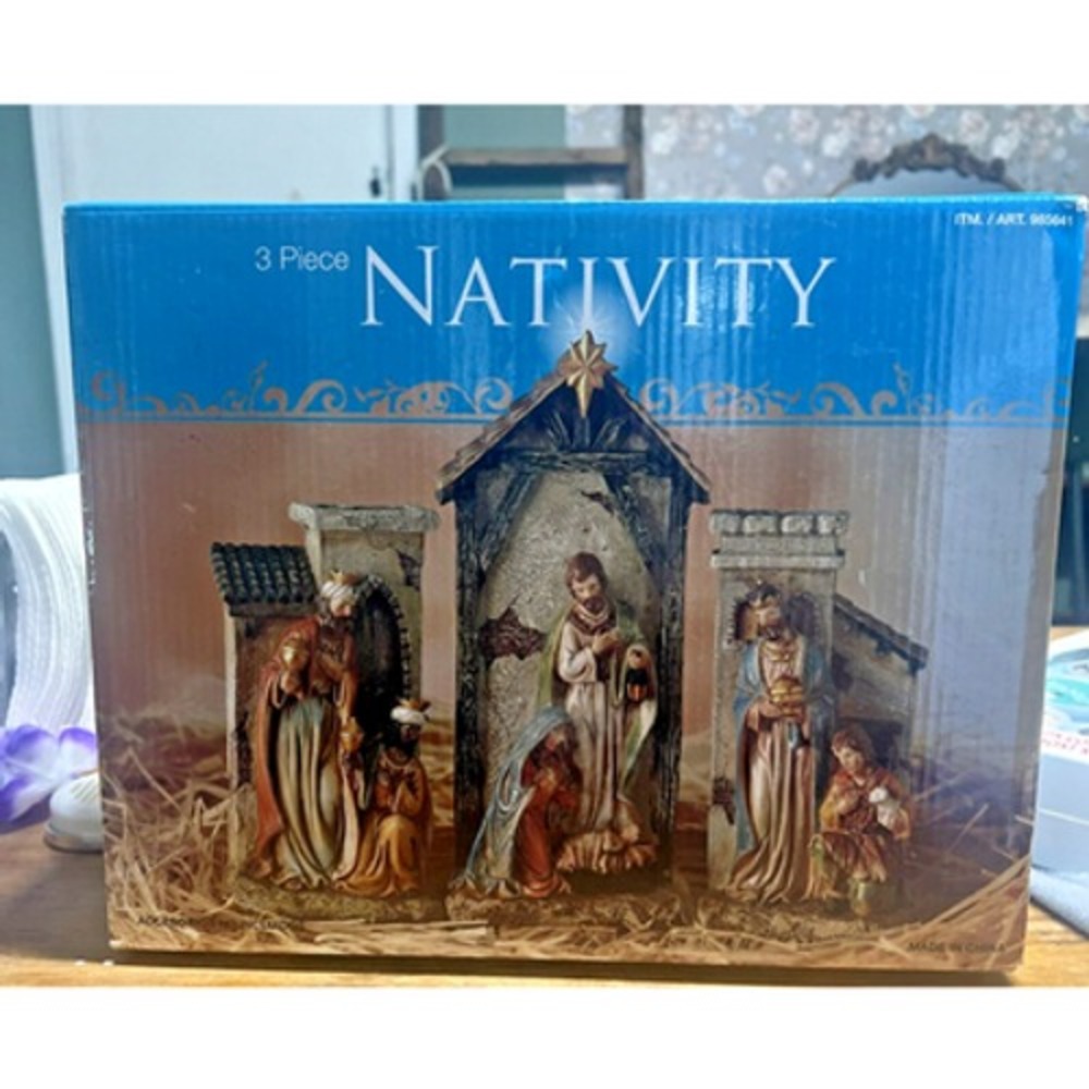 Costco 3 Piece Nativity Set Hand Painted Resin Christmas Figurines Rustic